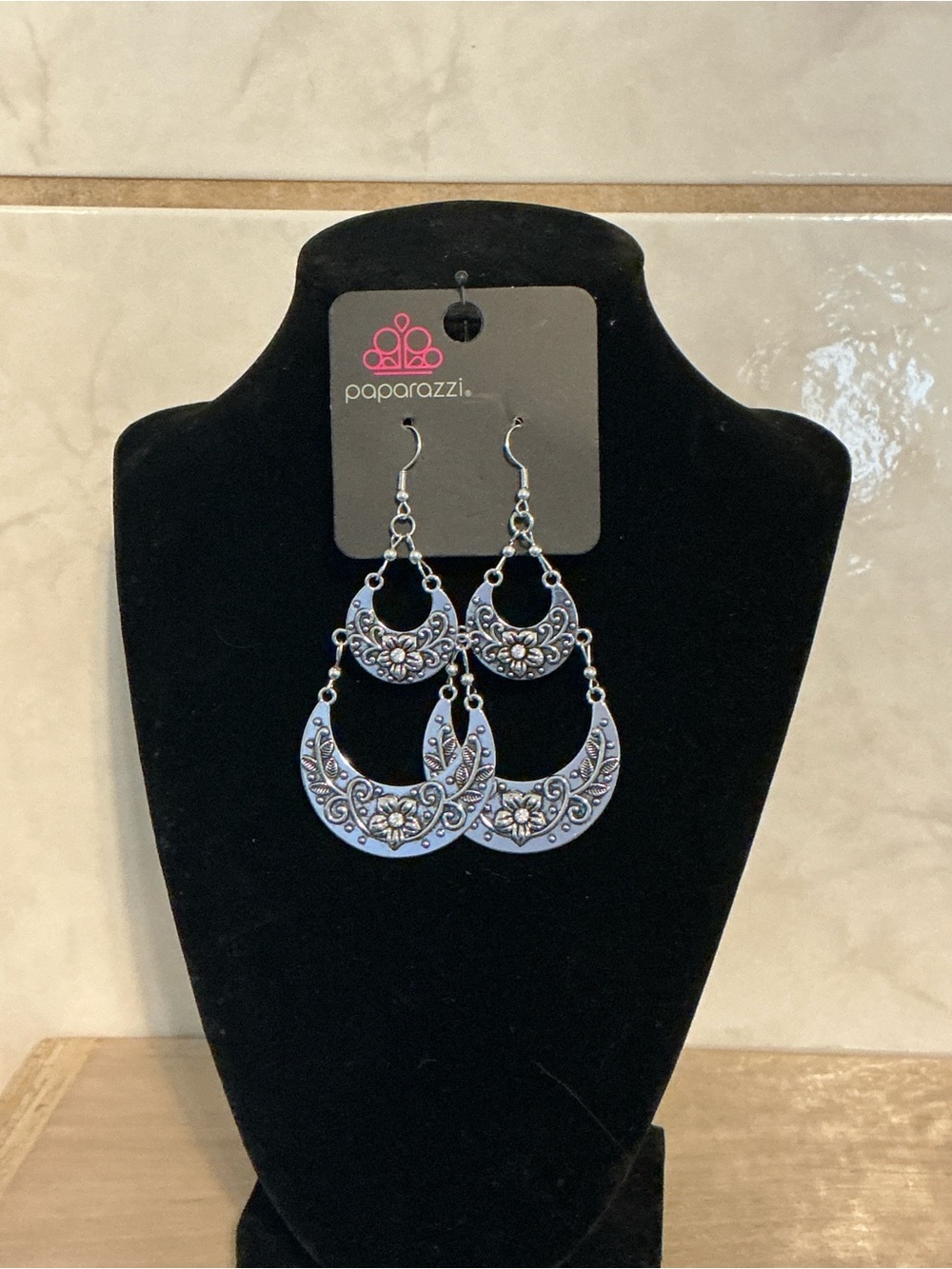 Paparazzi Silver Floral Filigree Triple Crescent Earrings